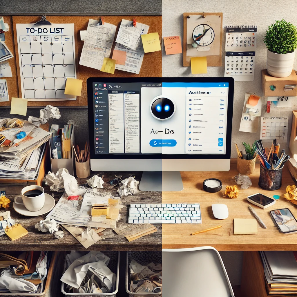 A split-screen image showcasing a contrast between a cluttered desk filled with papers on the left and a neatly organized digital project management interface on the right.