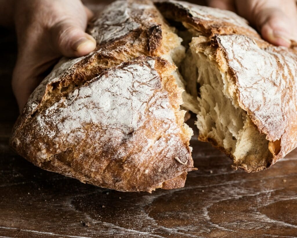 Close-up of a hand tearing a freshly baked, crusty loaf of bread, showcasing its fluffy interior and crisp exterior.