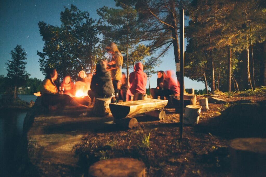 Friends sitting on rustic log benches around a glowing campfire at night on a forested lakeshore under a starry sky.