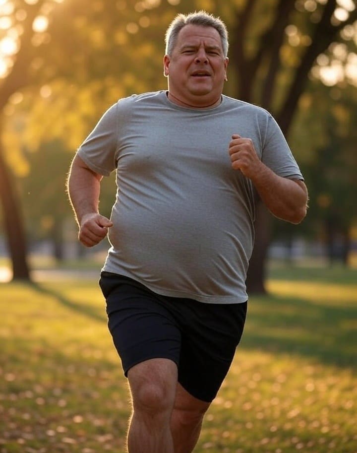 Overweight man running in a park at sunset